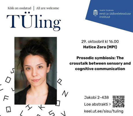 Poster for TÜling event with Hatice Zora on 'Prosodic symbiosis' at Tartu University, October 29,